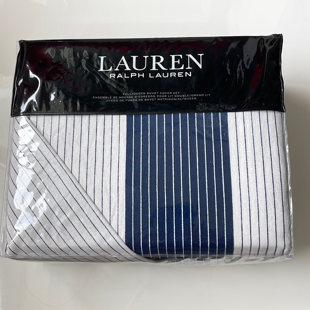 New Ralph Lauren Casey Navy Blue White Full Queen Duvet Cover Set. $300